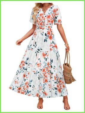 Boho Floral A-Line Maxi Dress Short Sleeve V-Neck Tiered Summer